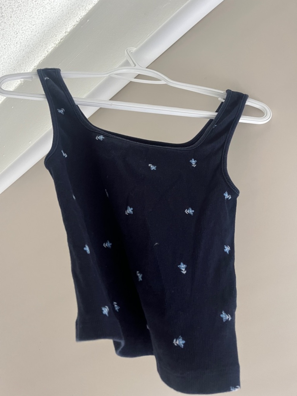 Black Ribbed Tank with Small Blue Floral Embroidery